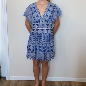 Blue lace dress , v neck , mid length